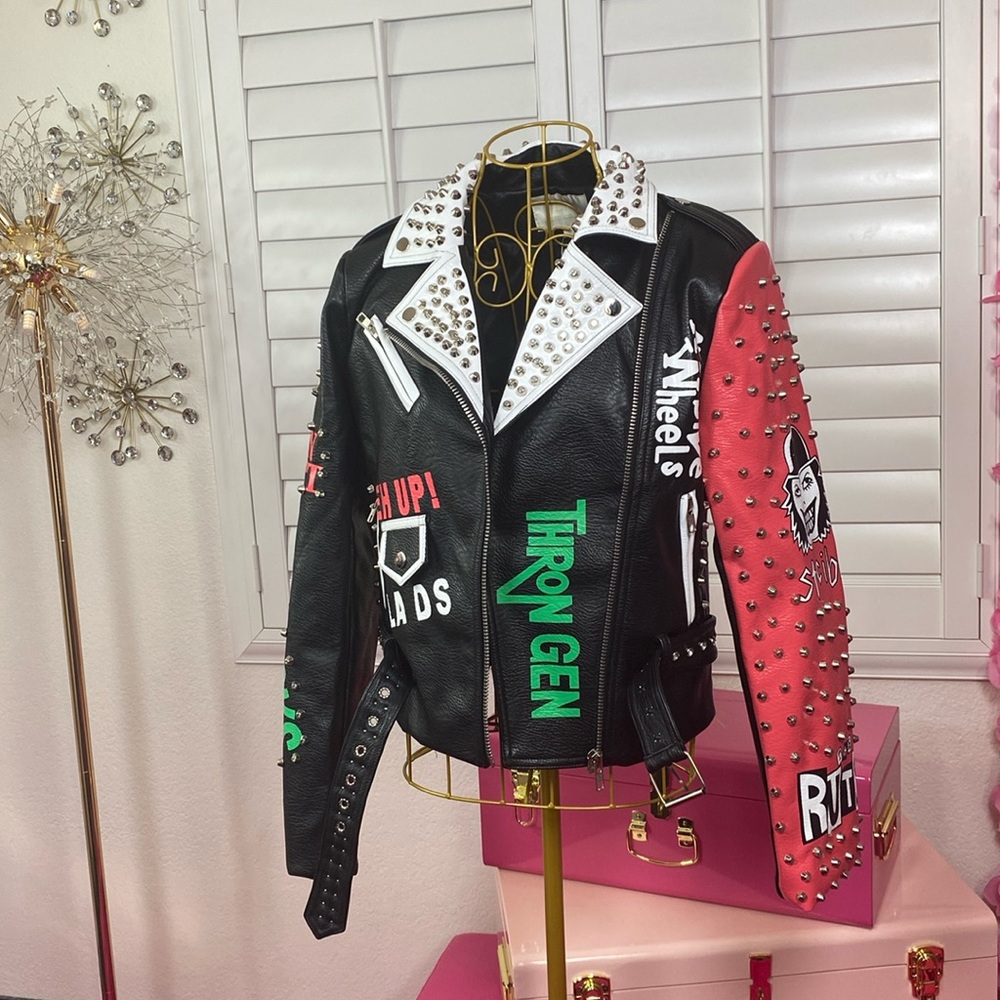 Women’s Graffiti Print Faux Leather Studded Motorcycle Jacket.
